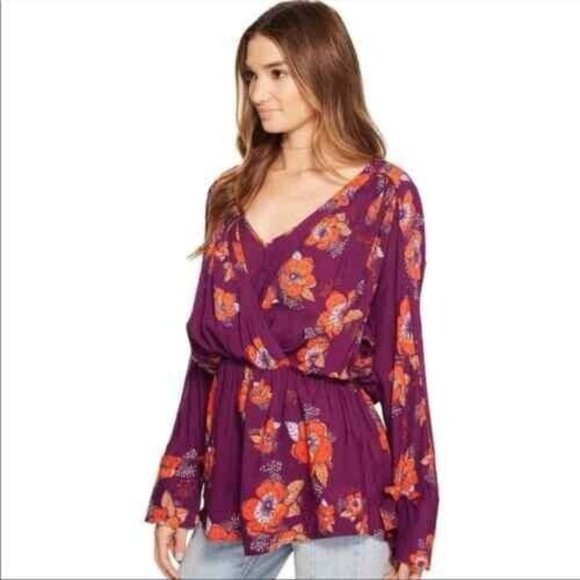 Free People Tops - Free People Tuscan Dreams Tunic Top Sz XS Surplice Neck Boho Purple Floral Print